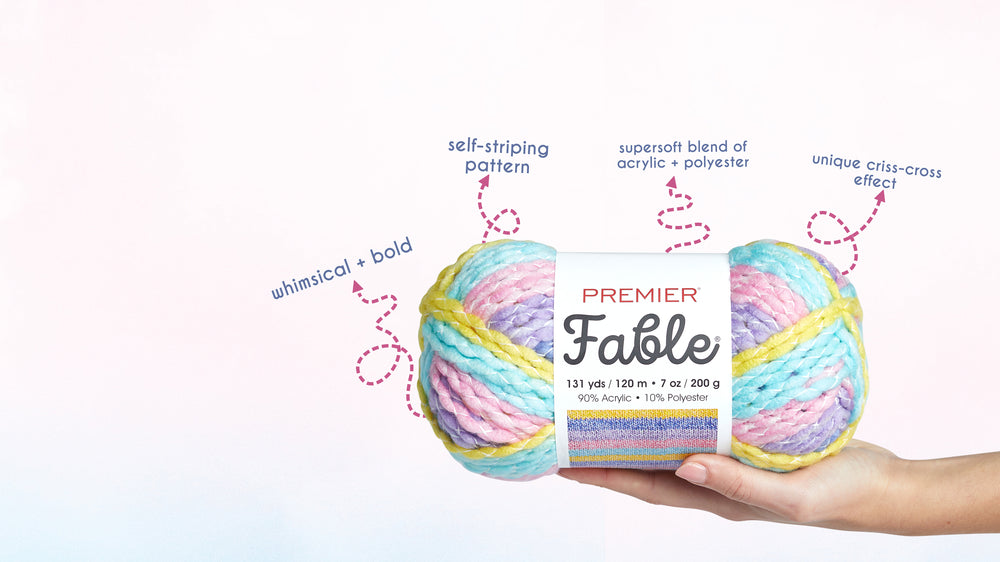 Woman Holding fable yarn with facts about the yarn as arrows with text