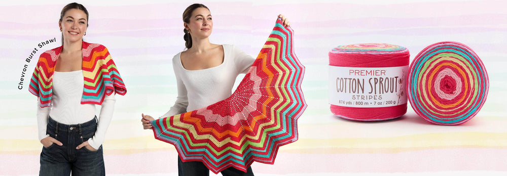 Premier Cotton Sprout Stripes yarn with a vibrant rainbow color gradient, showcased in a chevron burst shawl crochet project, modeled by a woman wearing the finished design.
