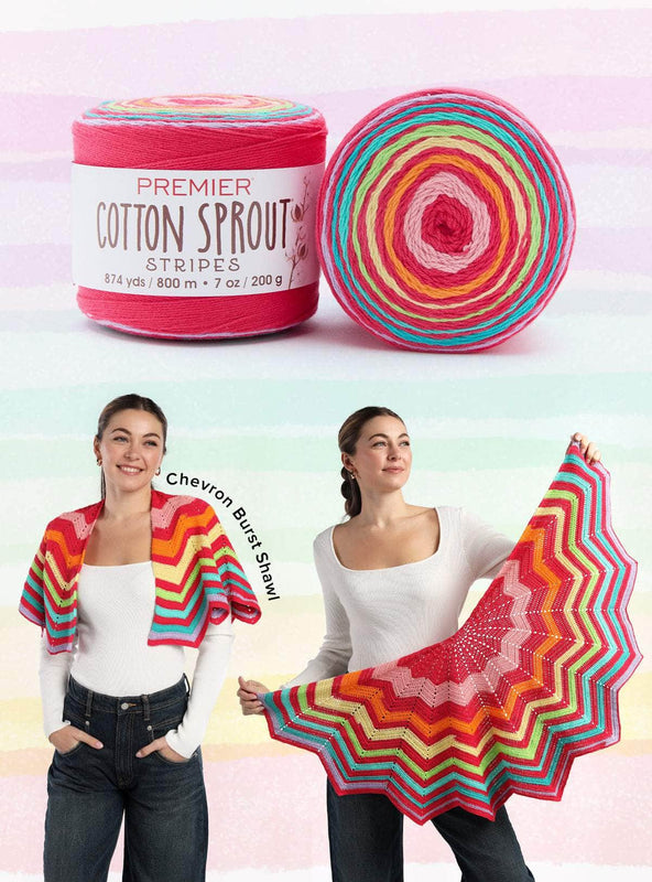 Premier Cotton Sprout Stripes yarn with a vibrant rainbow color gradient, showcased in a chevron burst shawl crochet project, modeled by a woman wearing the finished design.